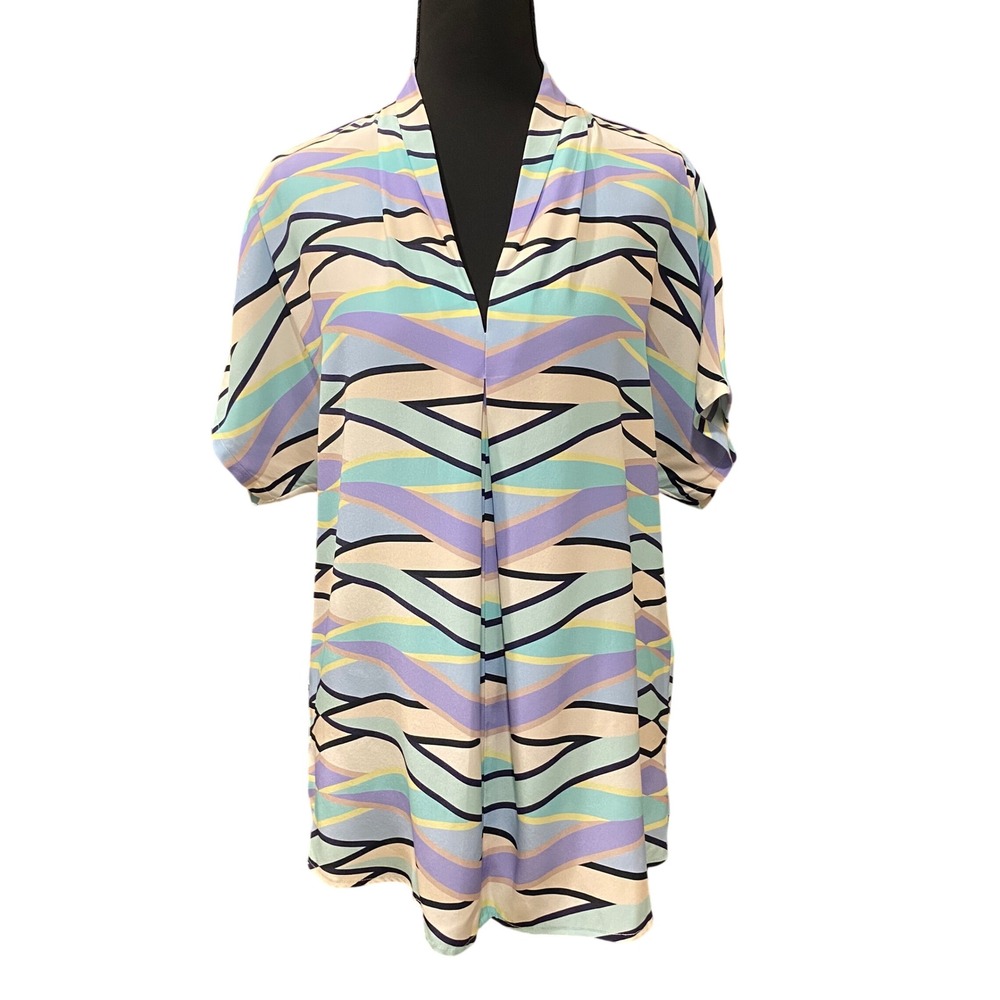 MARIE OLIVER Silk V-Neck Blouse Top Size XS Pastel Geometric Mod Retro Oversized
